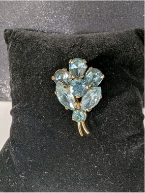 Vintage Czech Aqua Blue Rhinestone Brooch Gold Tone Floral Spray Pin